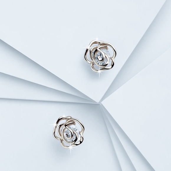 Silver & CZ Rose stud Earrings - Picture 2 of 7